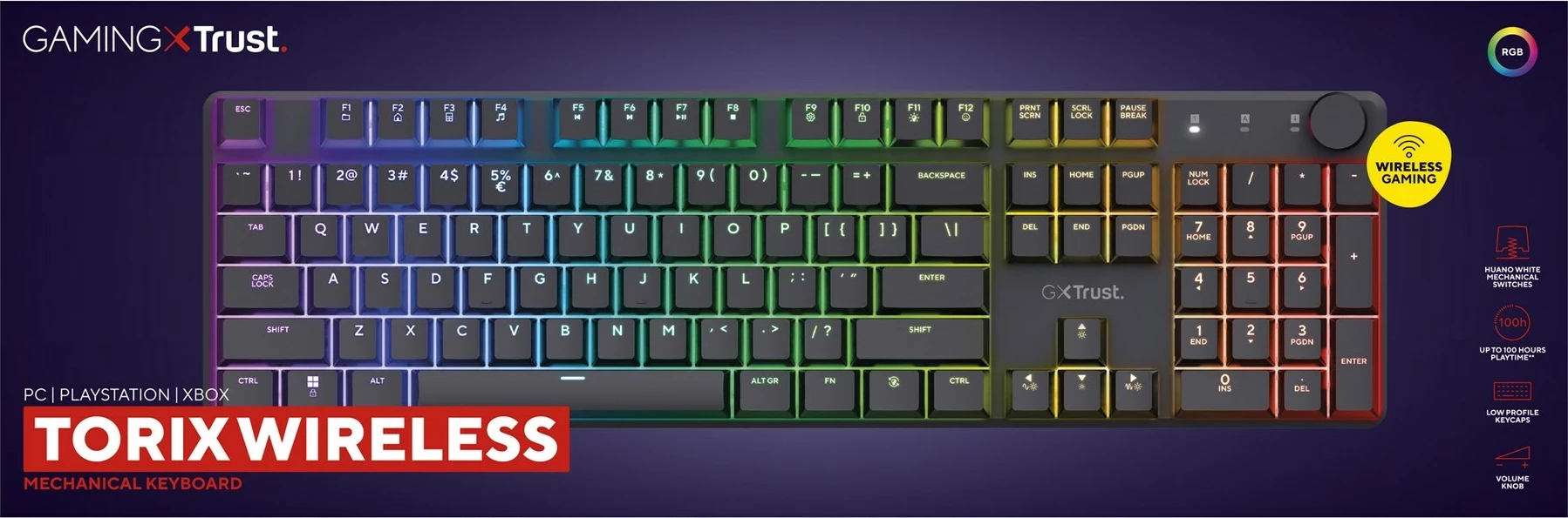 Tastierë Trust GXT 868 Torix, Gaming, USB + RF Wireless + Bluetooth, QWERTY, US English, E zezë