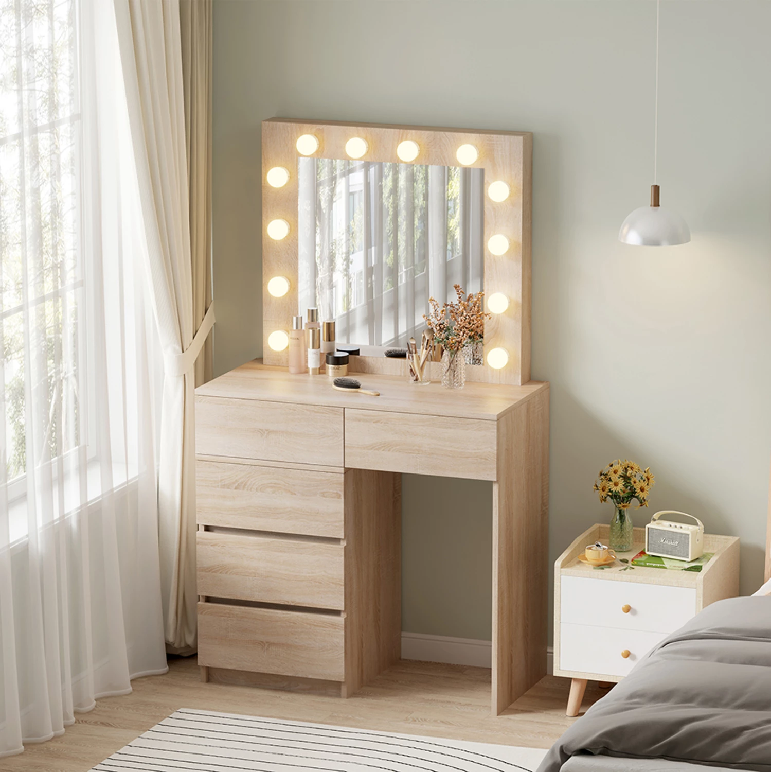 Tavolinë grimi me drita LED dhe sirtarë, BEYON FH2500.01, melaminë, ngjyrë sonama, 80x40x140H cm