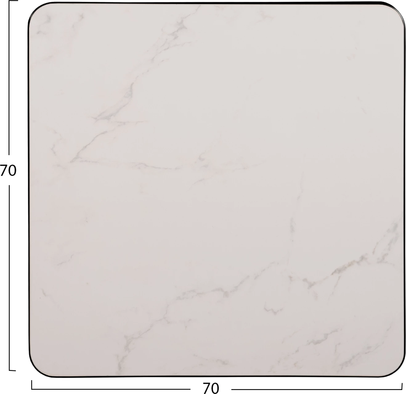 Sipërfaqe tavoline katrore prej guri të sinterizuar FH6654.02, mermer i bardhë, kornizë alumini e zezë, 70x70 cm
