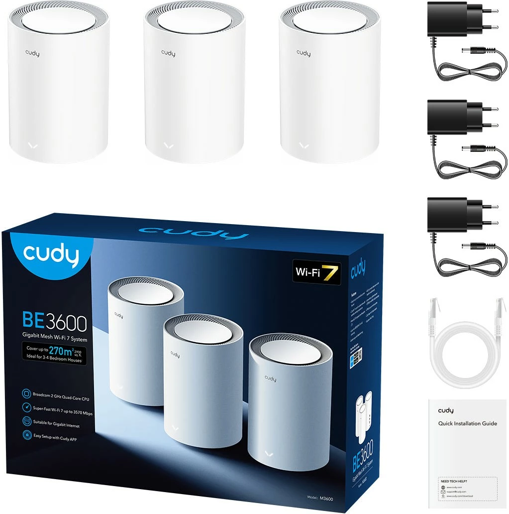 Ruter Wi‑Fi mesh, Cudy, M3600, Wi‑Fi 7 BE3600 3.6 Gb/s, tri porta Gigabit, Dual Band, 3-Pack, i bardhë