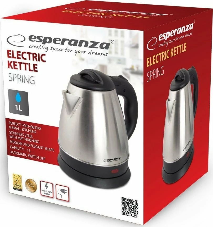 Çajnik elektrik Esperanza Spring 1 L 1350 W, argjendtë
