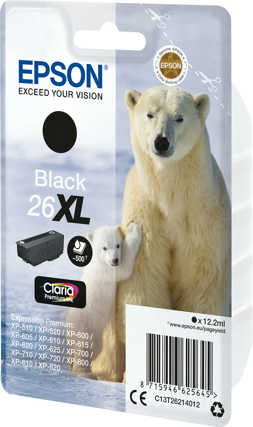Toner Epson Singlepack Black 26XL, High Yield, 12.2 ml, 500 faqe, e zezë