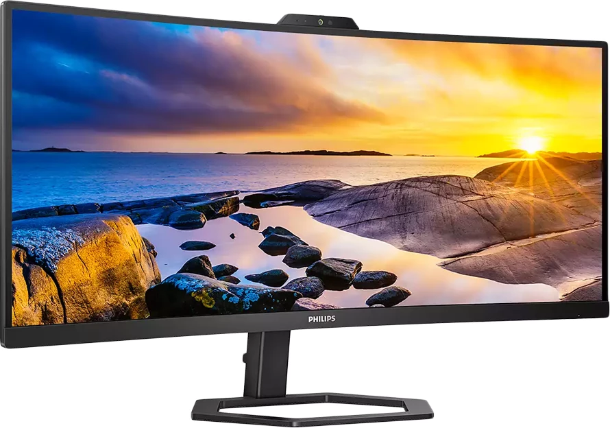 Monitor PHILIPS 34E1C5600HE 34" i lakuar VA WQHD 3440x1440 100Hz USB-C PD 65W me webcam, mikrofon dhe altoparlantë, zi