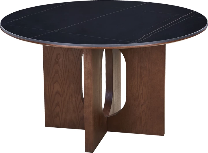 Tavolinë ngrënieje Merge, gur sintetik, MDF, ngjyrë mermeri të zi, bazë arre, D130x75cm