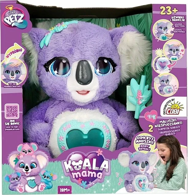 Lodër pelushi interaktive Cobi Mama Koala 921160, me drita e tinguj, 35 cm, set me 2 koala bebi + gjethe eukalipti, vjollcë