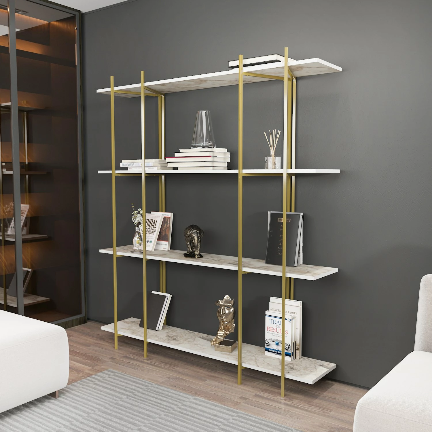 Raft librash Hanah Home, ngjyrë e bardhë dhe ari