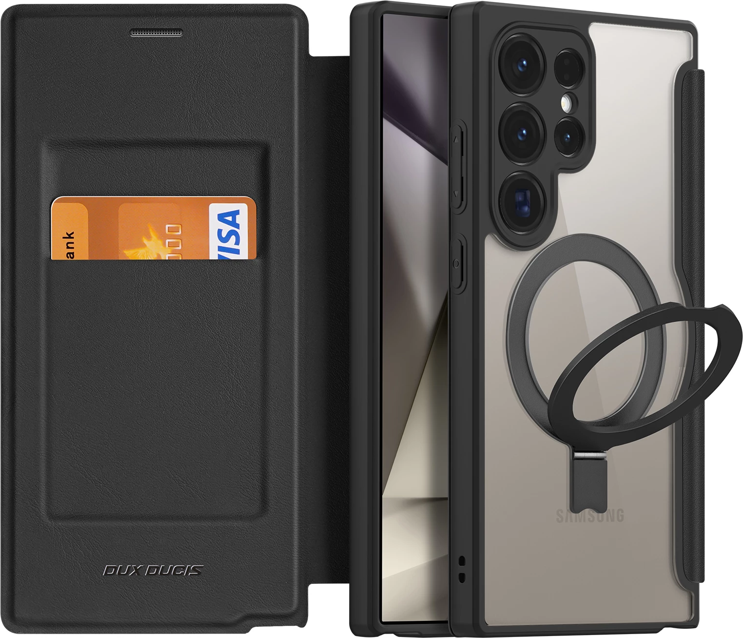 Mbështjellës Dux Ducis Skin X Pro me kapak dhe unazë magnetike për Samsung S24 Ultra, i zi