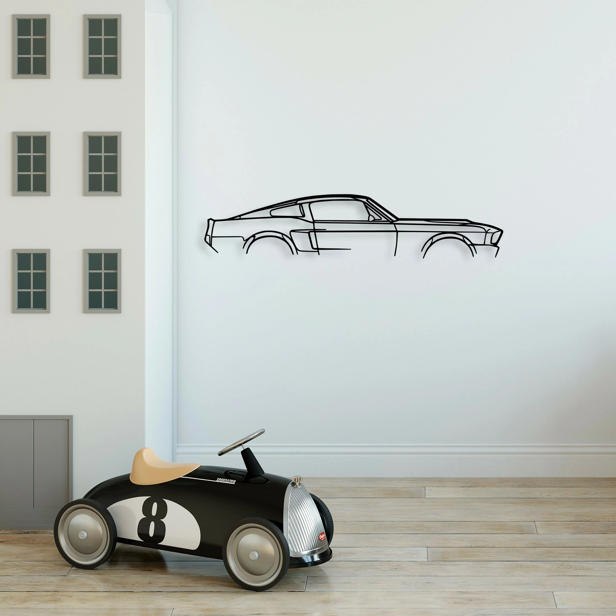 Aksesor dekorativ metalik për mur, siluetë Ford Mustang Shelby GT500, 70x15cm