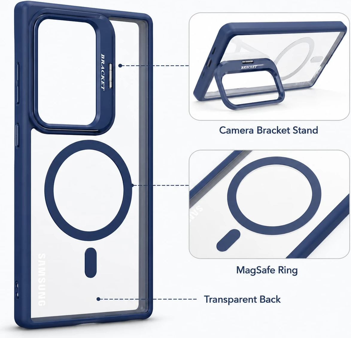 Mbrojtëse Magnetike për Samsung Galaxy S24 Ultra me mbrojtje kamerash dhe Bracket - Transparent/Black për mbështetje - e kaltër