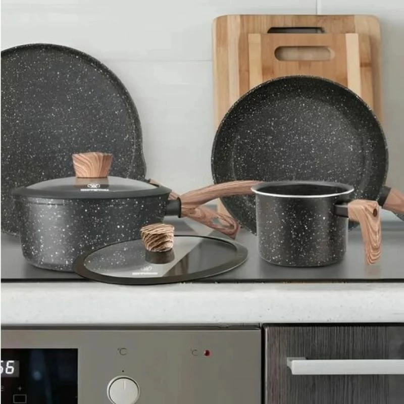 Set tenxhere alumini Westinghouse WCCS008506AMBB, 6 copë, ngjyrë e zezë me pika dhe dru