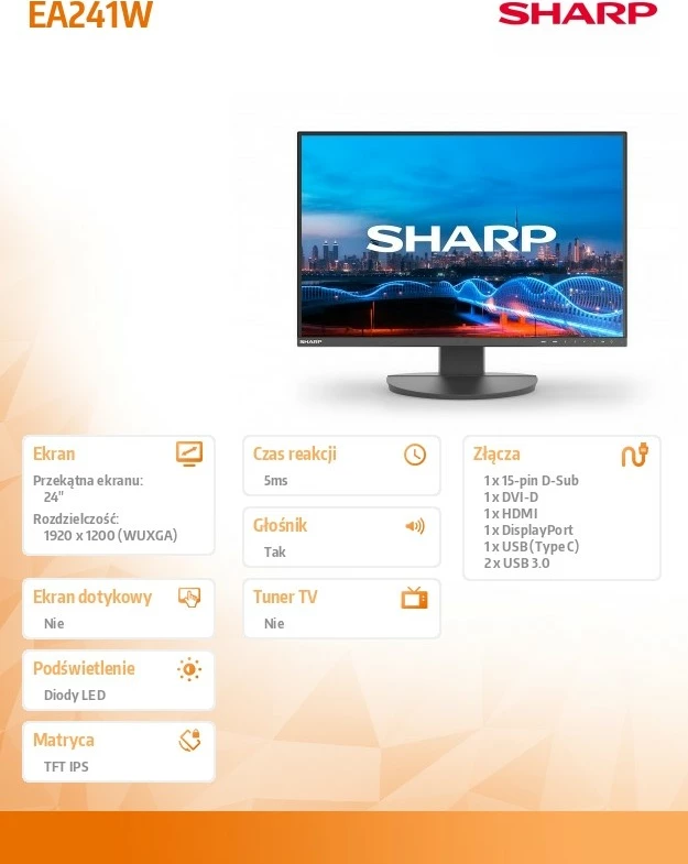 Monitor Sharp MultiSync EA241W 24\" IPS WUXGA 1920x1200 16:10, e bardhë