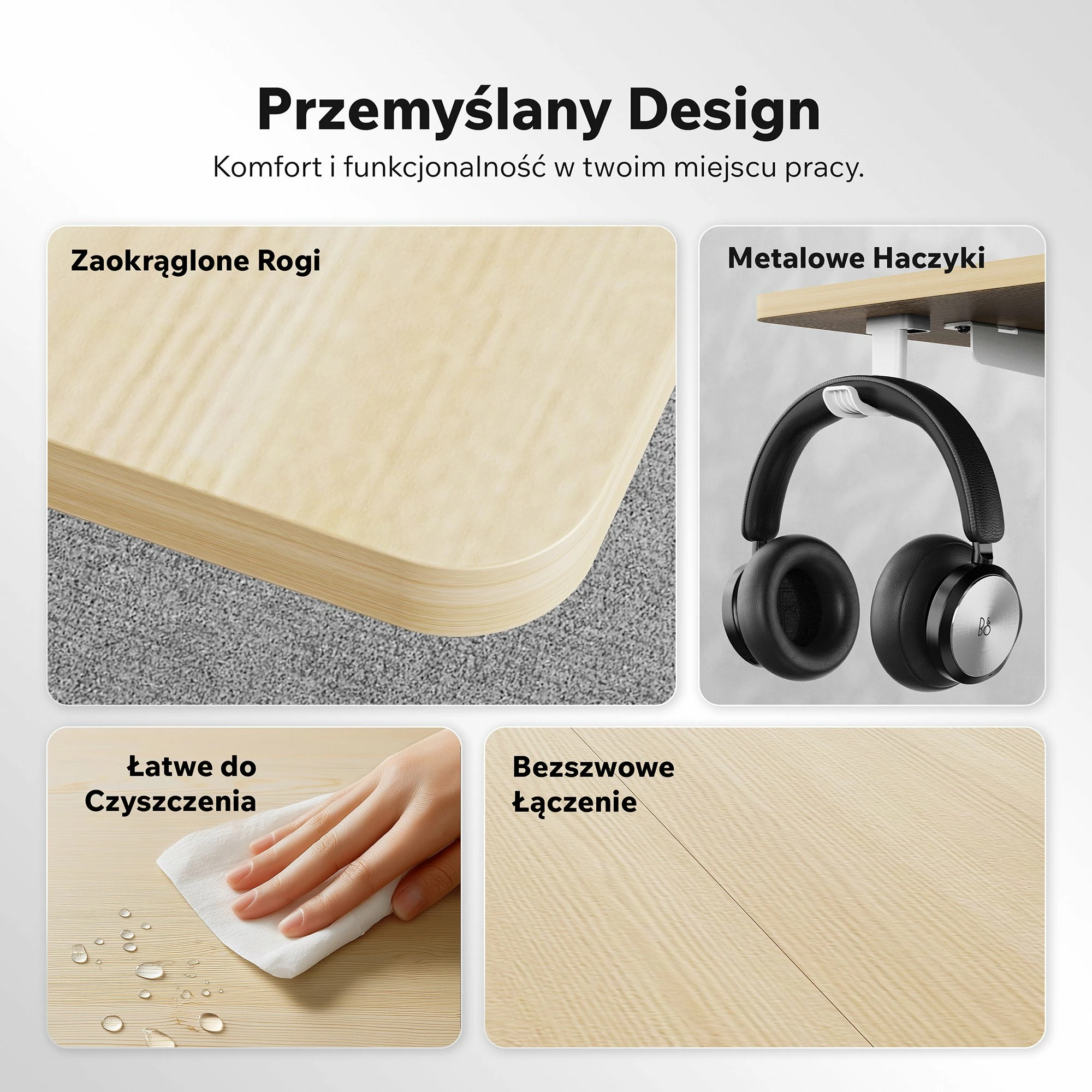 Tavolinë zyre/gaming elektrike SENSE7 NOJO LIGHT 140x70 cm, rregullim lartësie 72-118 cm, max 70 kg, kafe e çelët/bardhë, me mbajtëse kufjesh/çantë 2 copë