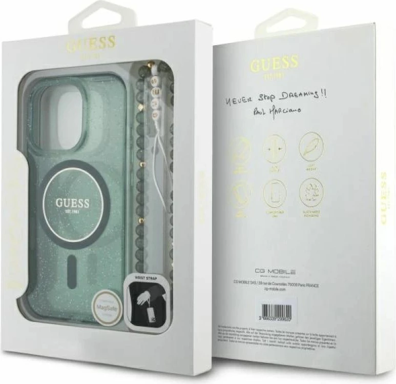 Kapak telefoni Guess IML Glitter me rrip perlash MagSafe për iPhone 16 Pro Max, i gjelbër