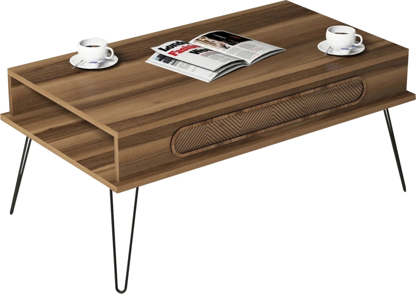 Tavolinë kafeje melaminë FH9500.02 ngjyrë arre-këmbë metalike 105x56x45.8H cm