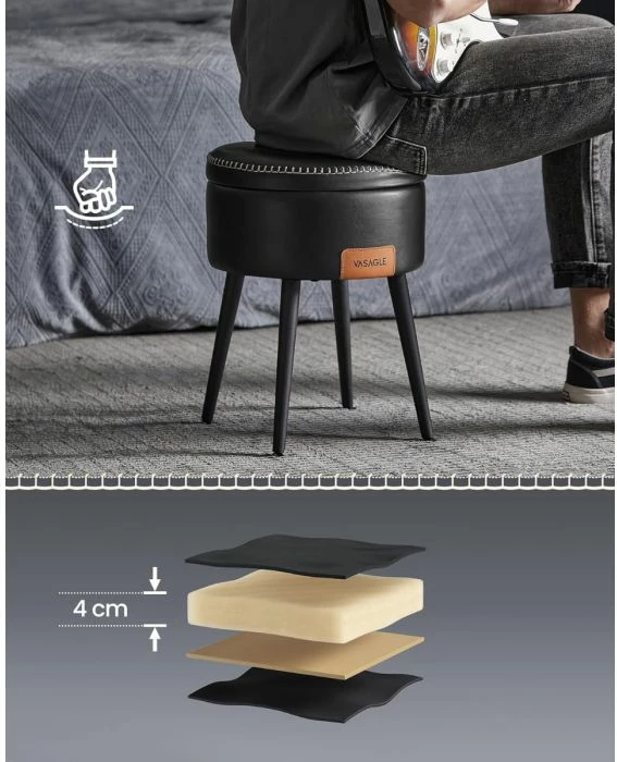 Stol depozitimi VASAGLE EKHO LOM005B01, 9.4 L, Ø38.2 x 44.4 cm, PU leather, 150 kg, Ink Black