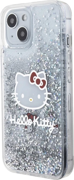 Mbështjellës Hello Kitty Liquid Glitter Charms Kitty Head për iPhone 15, argjend