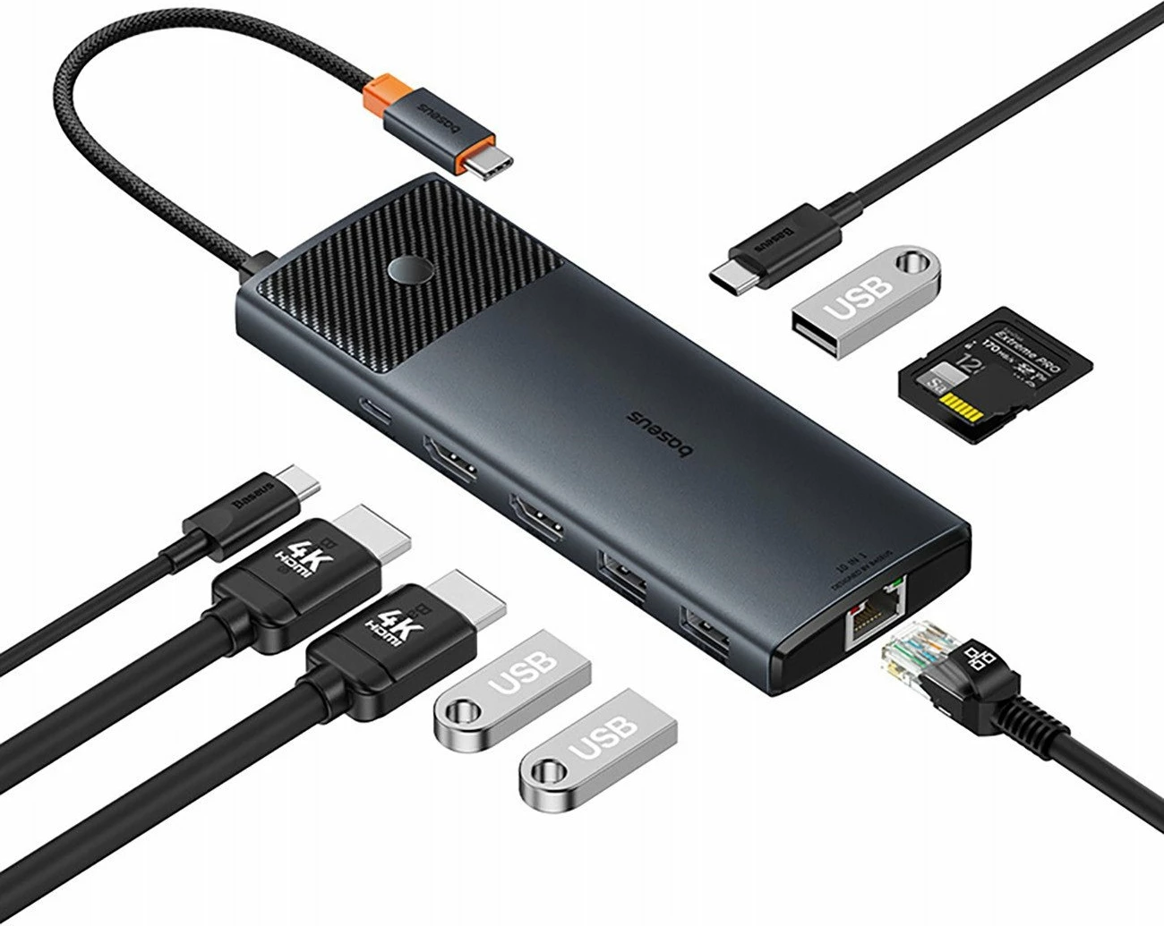 Hub USB-C Baseus Metal Gleam II 10n1, 2x HDMI 4K, RJ45, SD/TF, PD 100W, gri