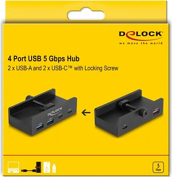 USB hub DeLOCK 64262, 4 porta (2x USB-A + 2x USB-C), USB 3.2 Gen 2, 5 Gbit/s, 1.15 m, i zi