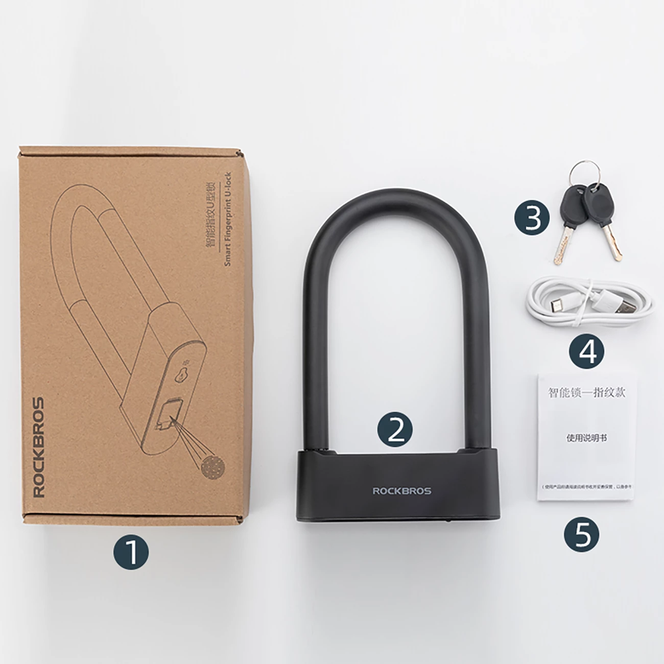 Dryn biçiklete smart Rockbros 32210818001, fingerprint + Bluetooth, karikim USB-C, set me 2 çelësa, i zi
