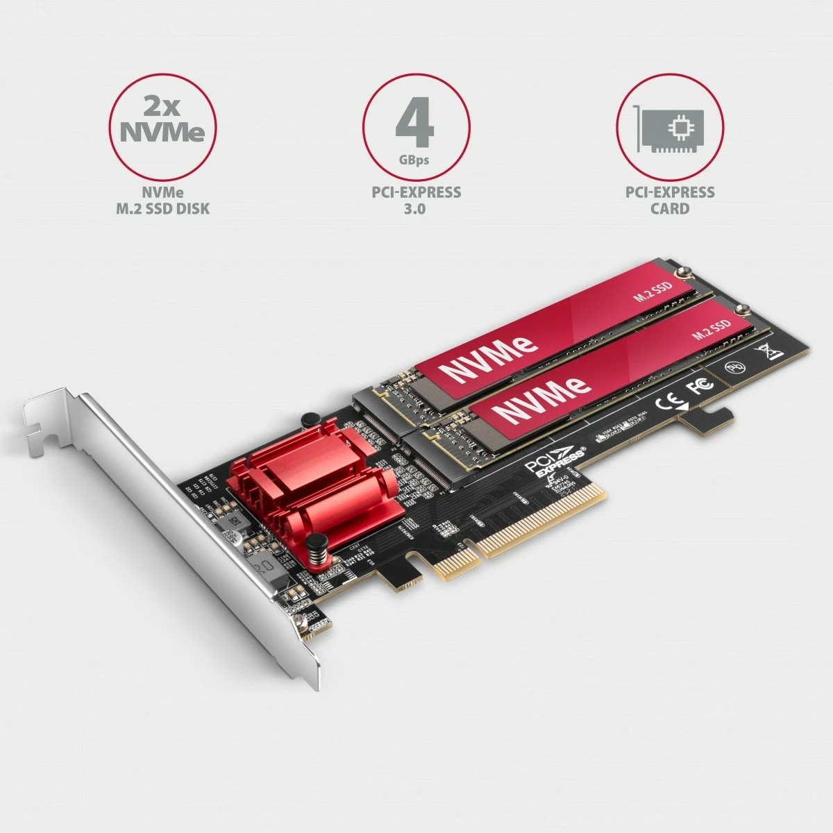 Kontroller PCIe AXAGON PCEM2-ND, 2x M.2 NVMe, RAID, për pllakë amë pa bifurcation, me mbulesë standarde dhe low profile