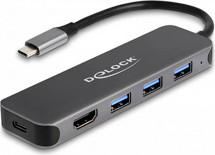 USB-C Hub DeLOCK 3x USB-A + HDMI 4K 30Hz + USB-C PD 85W, gri