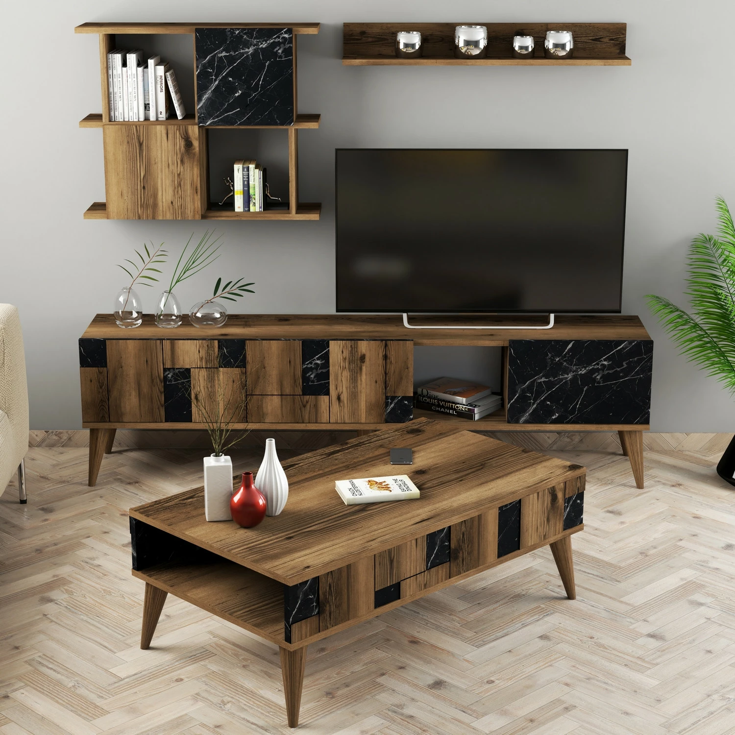 Set mobiljesh për dhomë dite Hanah Home, Madrid, ngjyrë arrë dhe e zezë