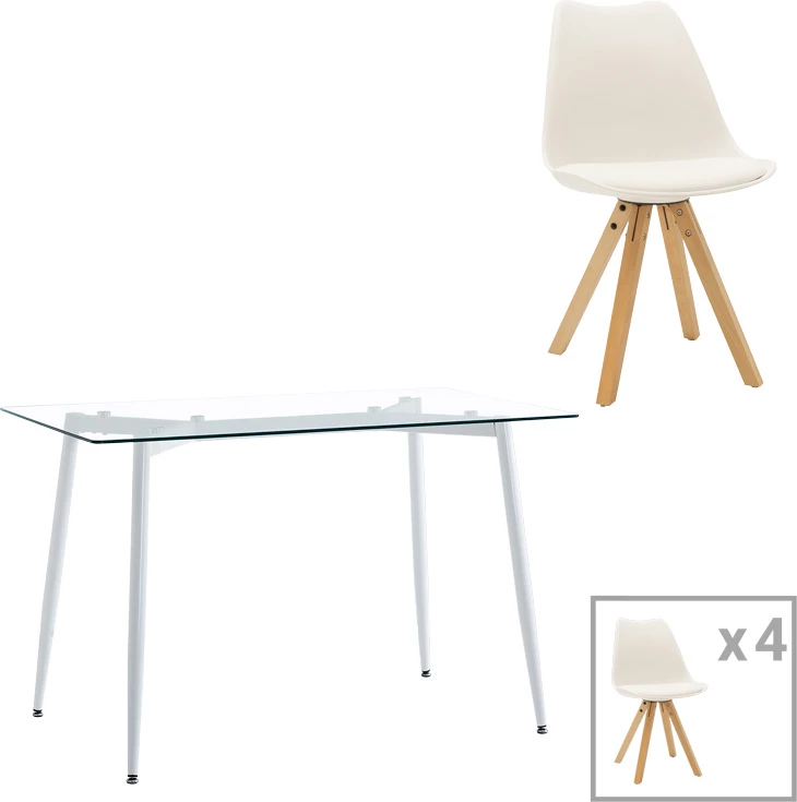 Tavolinë me karrige Quana-Caron, xham i tejdukshëm 8mm, këmbë të bardha, set prej 5 pjesësh, 120x70x75cm