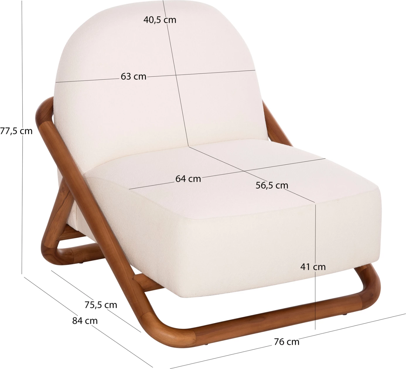 Karrige lounge Ramrod, dru tik natyral, boucle krem e bardhë, 75x87x79cm
