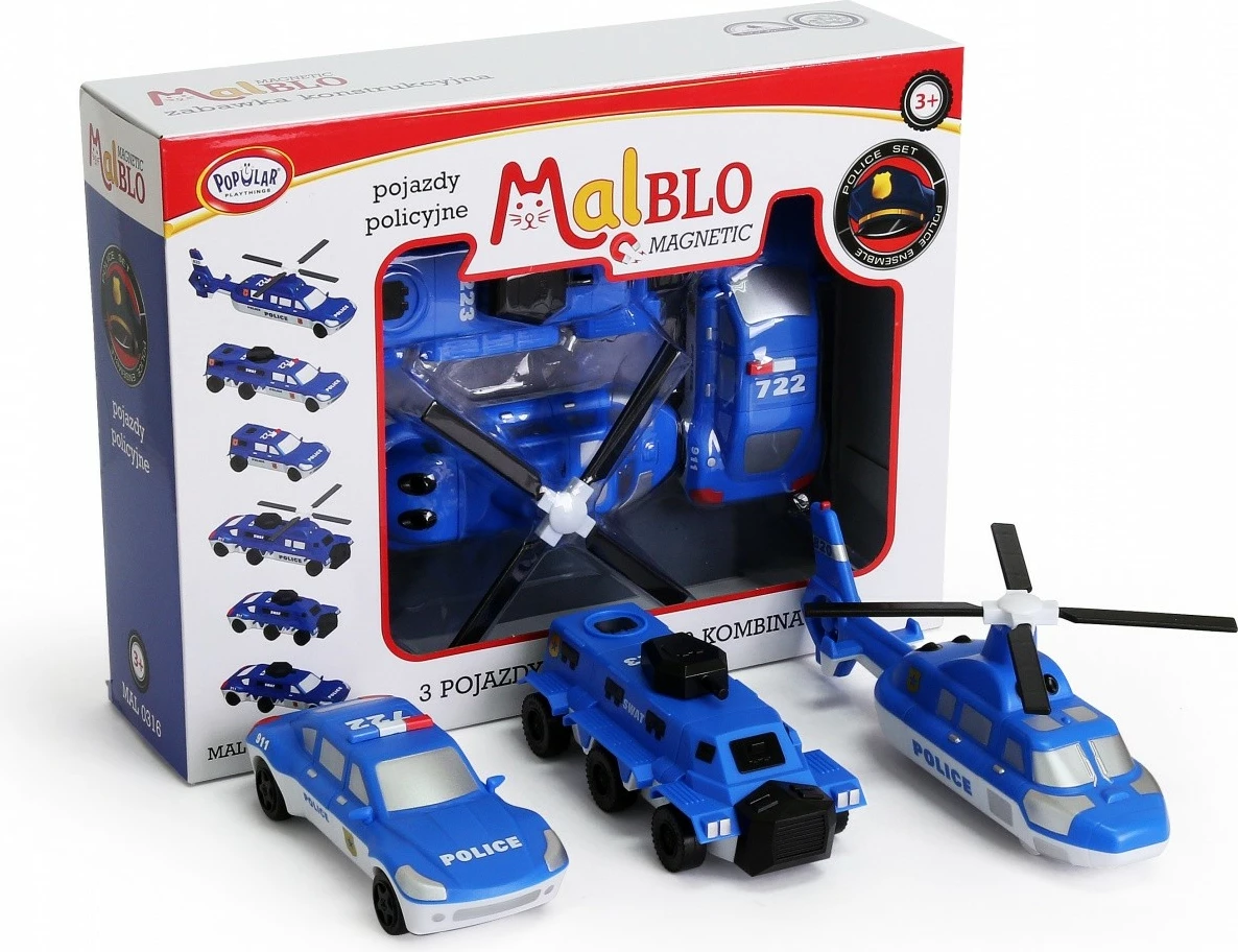 Set lodrash magnetike MalBlo, MALIK, 0316, 3 automjete policie, Blu