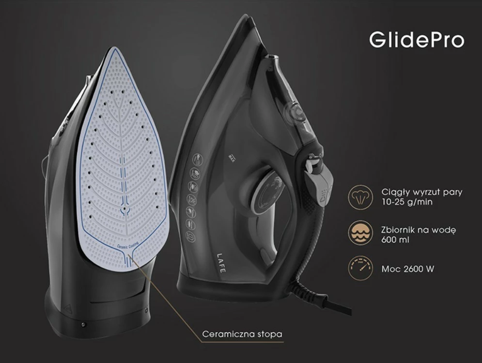 Hekur me avull, Lafe, GlidePro LAFZEL47582, 2600W, shollë qeramike, depozitë 600 ml, i zi