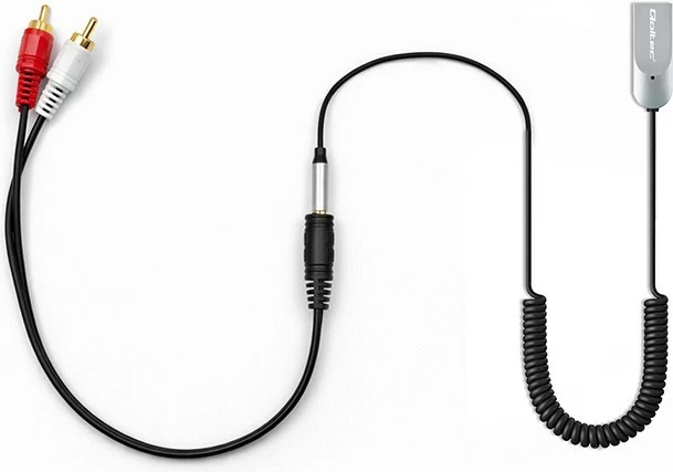 Adapter audio Bluetooth marrës, Qoltec, 56983, Bluetooth 6.0, 2x RCA, AUX 3.5 mm, USB, me mikrofon, zi/argjendtë