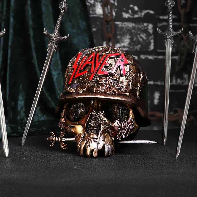 Kuti dekorative Nemesis Now Slayer Skull, rezinë, 17.5 cm, bronzë me të kuqe
