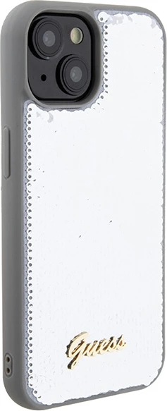 Mbështjellës Guess Sequin Script Metal për iPhone 15, argjend