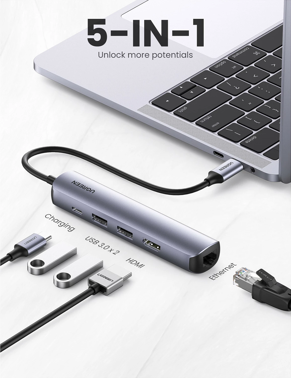 Hub USB-C Ugreen 5-në-1, HDMI, 3x USB-A, Ethernet, gri