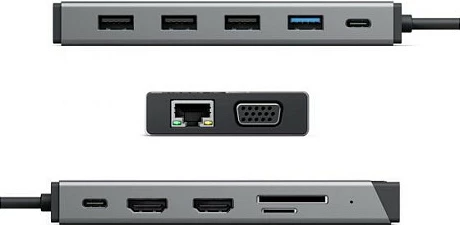 Mini dock 12-në-1 ALOGIC DV3, USB-C, 2x HDMI, VGA, LAN, SD/MicroSD, USB PD 100W, argjendtë