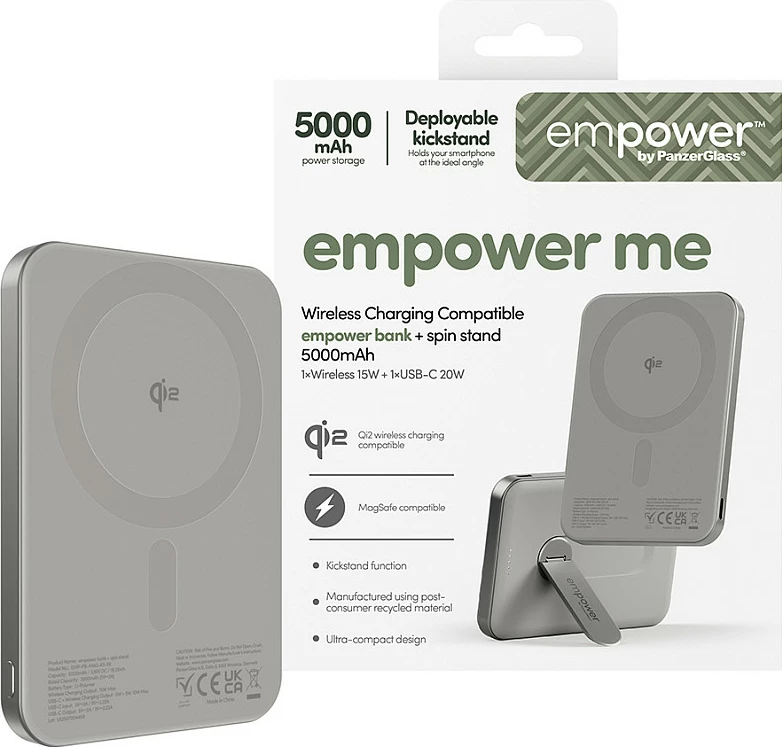 Power bank PanzerGlass empower Bank Spin Stand, 5000mAh, Qi2/MagSafe, 15W wireless, USB-C 20W, Titanium