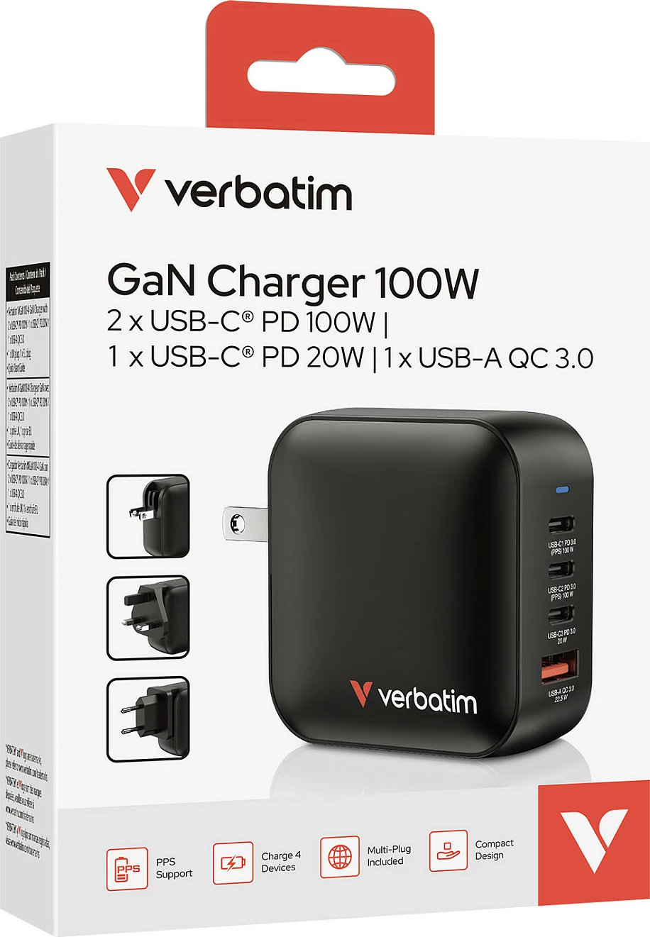 Karikues Verbatim Mini GaN 100W, 4 porta (3x USB-C PD, 1x USB-A QC), adaptorë EU/UK/US, i zi