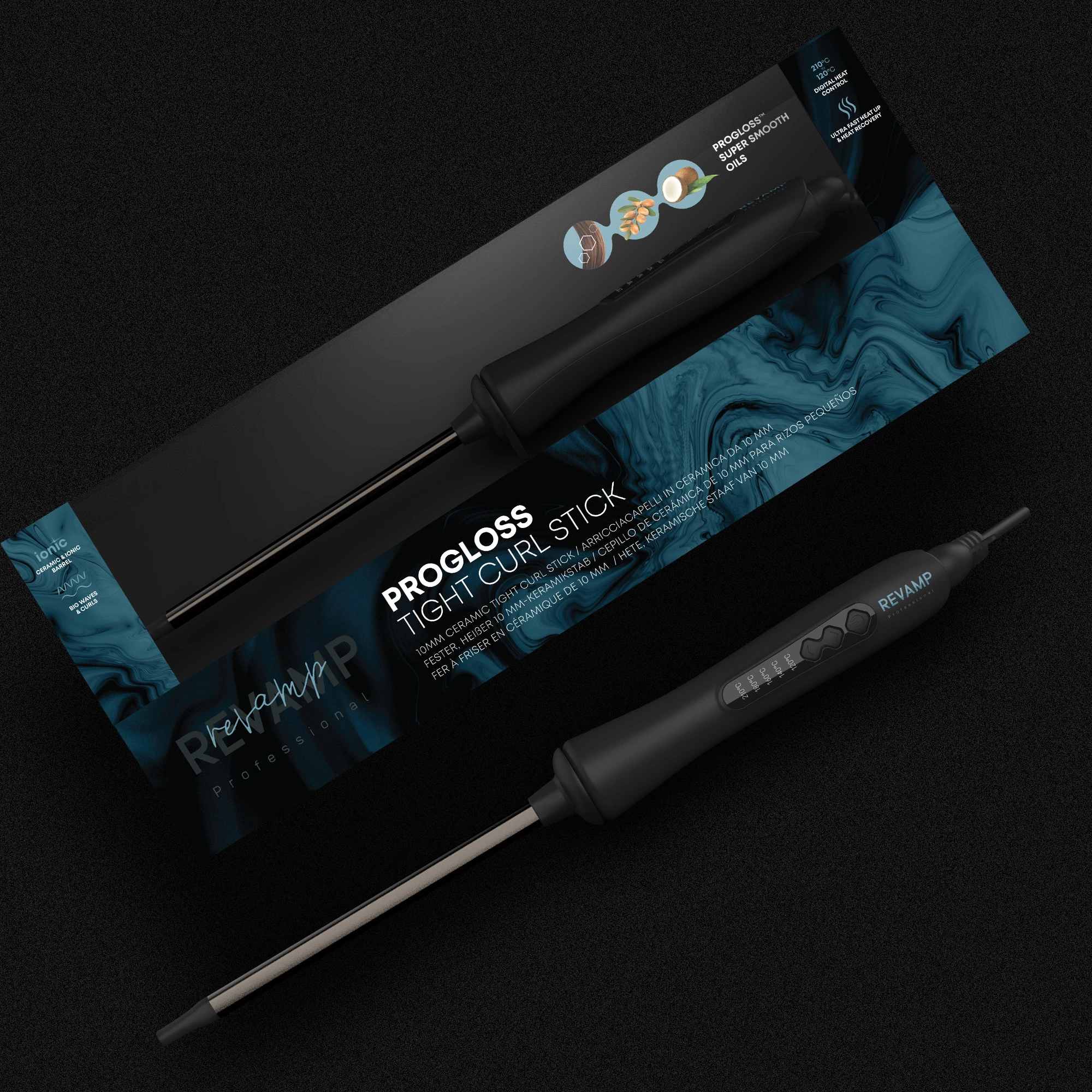 Shkop për kaçurrela Revamp Progloss Tight Curl Stick TO-1100, 10 mm, 120-210°C, i zi, me dorëzë rezistente ndaj nxehtësisë