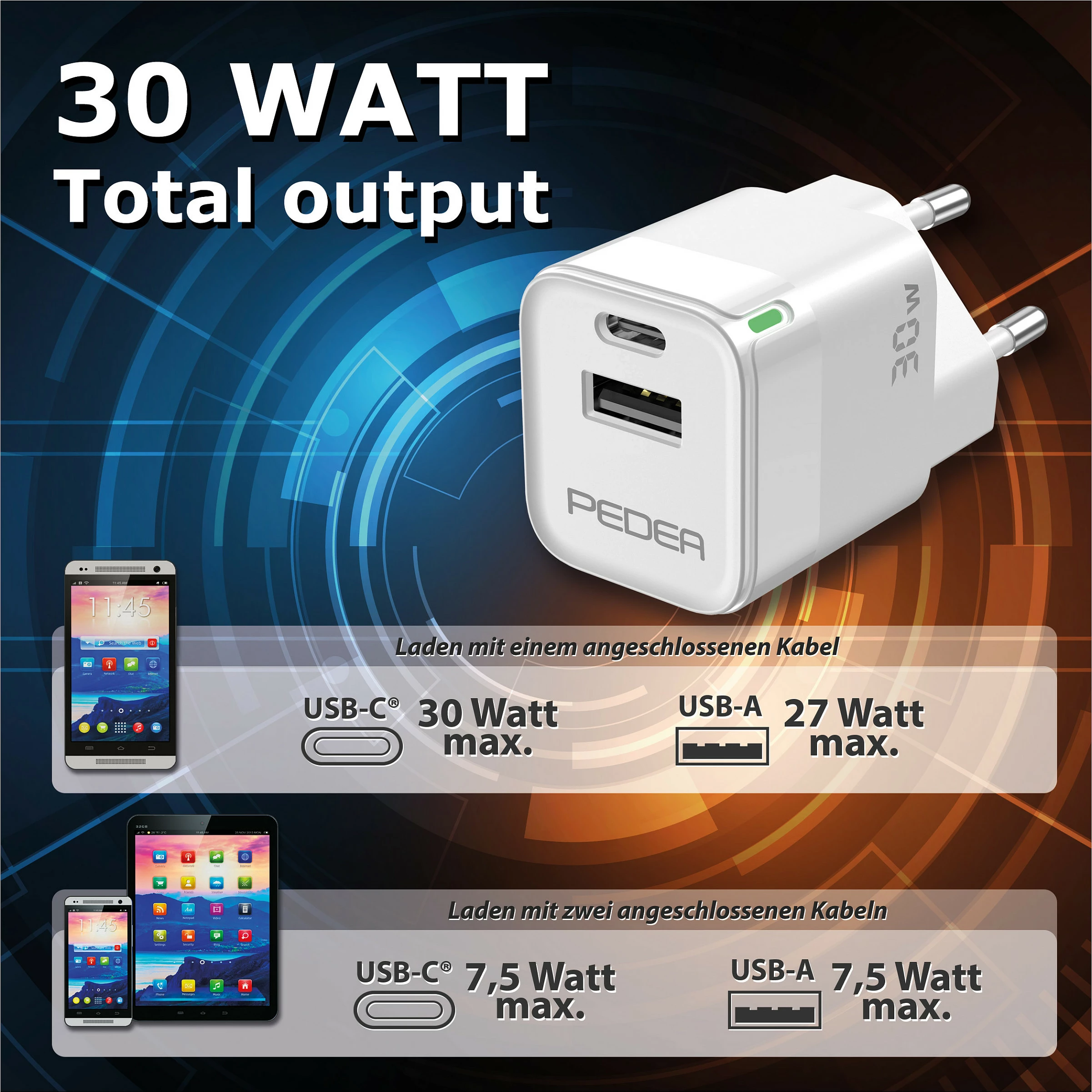 Karikues muri PEDEA 60040106, 30W, USB-C + USB-A, Fast Charging, i bardhë
