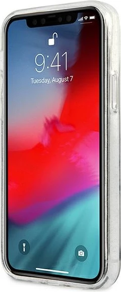 Mbështjellës Guess GUHCP12LPCUGL4GTR për iPhone 12 Pro Max 6.7", transparent, Glitter 4G Big Logo
