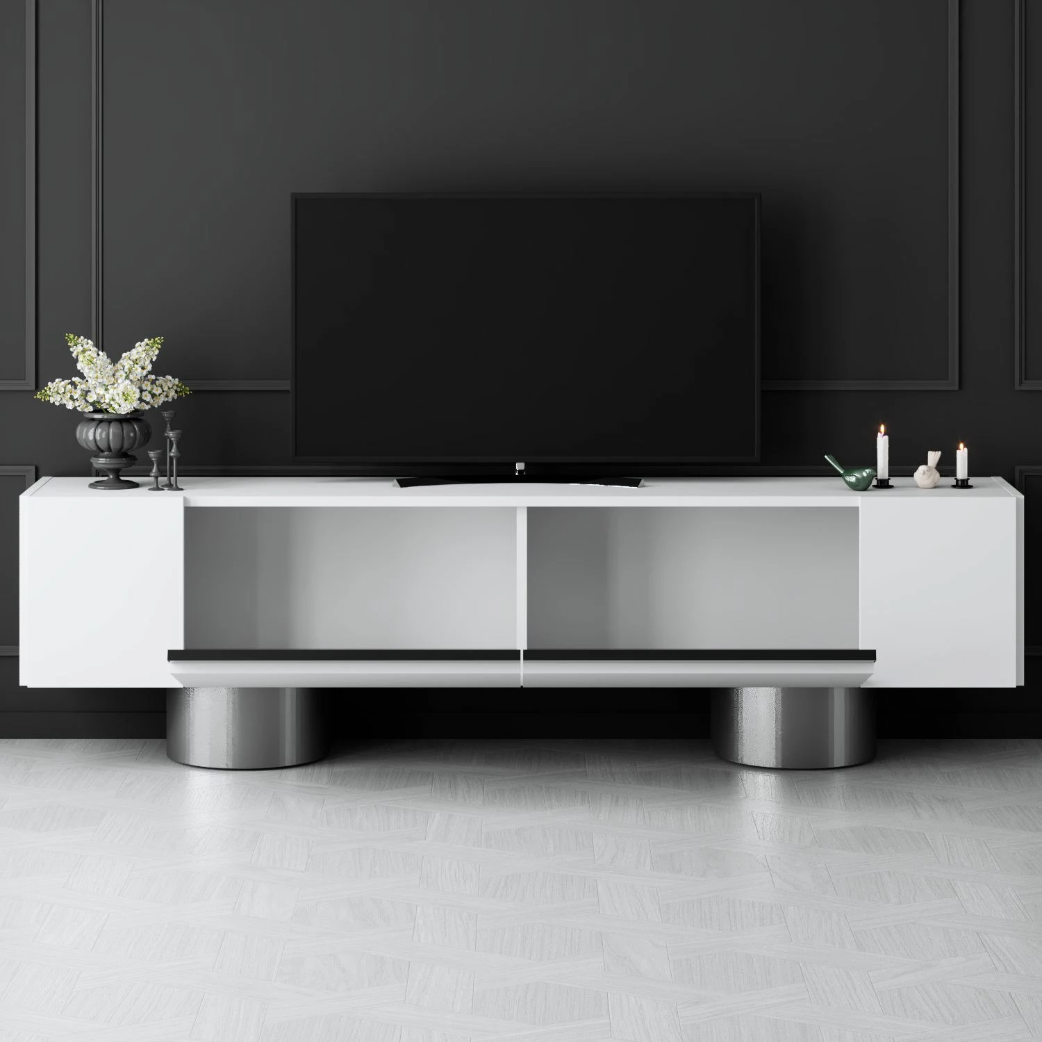 Komodë TV Hanah Home, Bohem, e bardhë dhe argjendtë