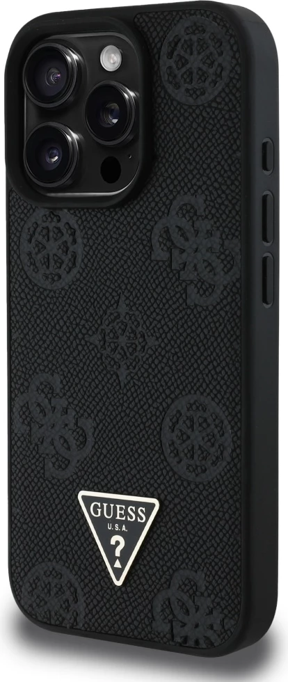 Mbështjellës Guess Grained Hot Stamp Peony Triangle Logo MagSafe për iPhone 16 Pro, Zi