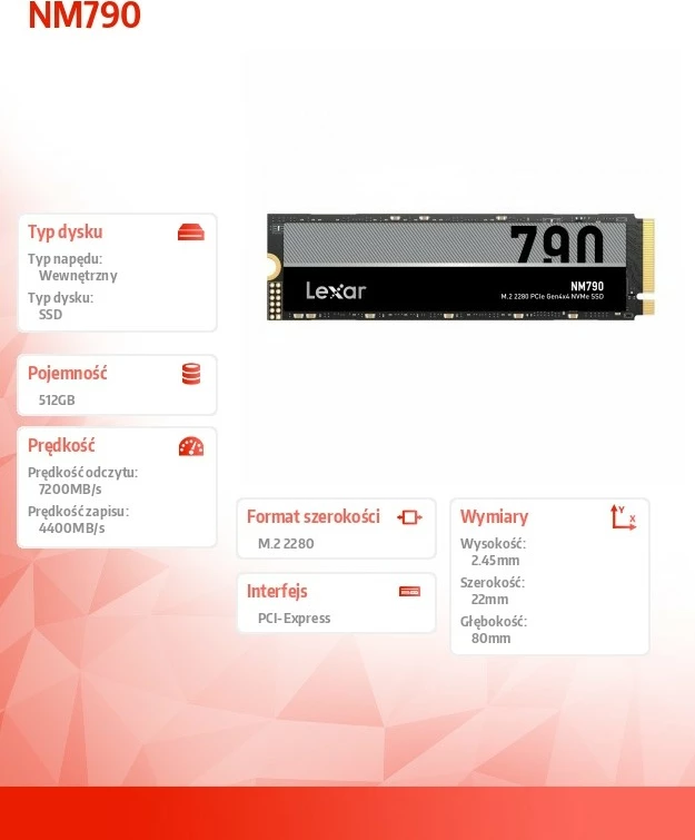 SSD NVMe i brendshëm M.2 2280 Lexar NM790 512GB PCIe Gen4x4 deri 7200/4400MB/s