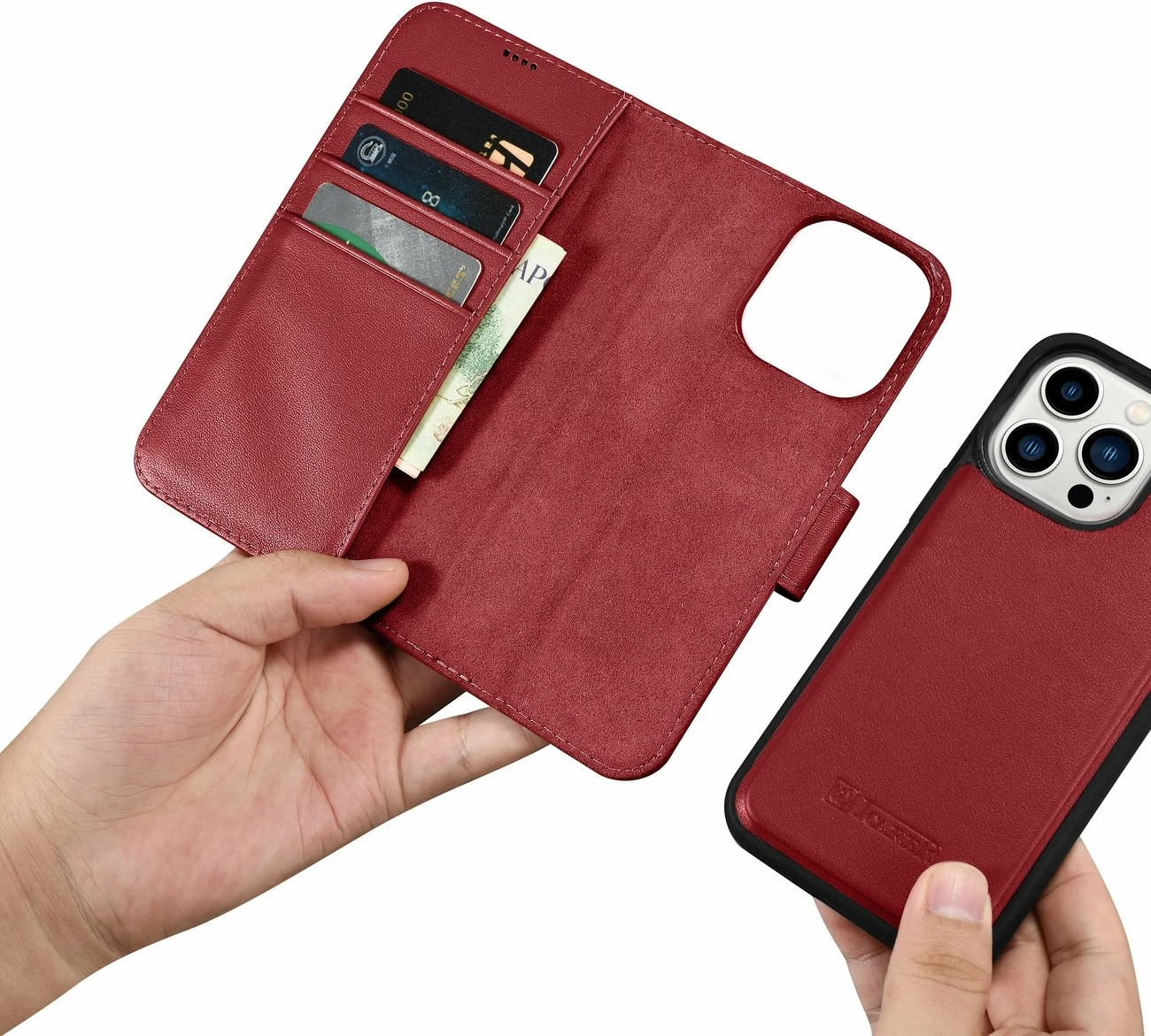 Mbështjellës iCarer Wallet Case 2in1 për iPhone 14 Pro Max, lëkurë, Anti-RFID, e kuqe