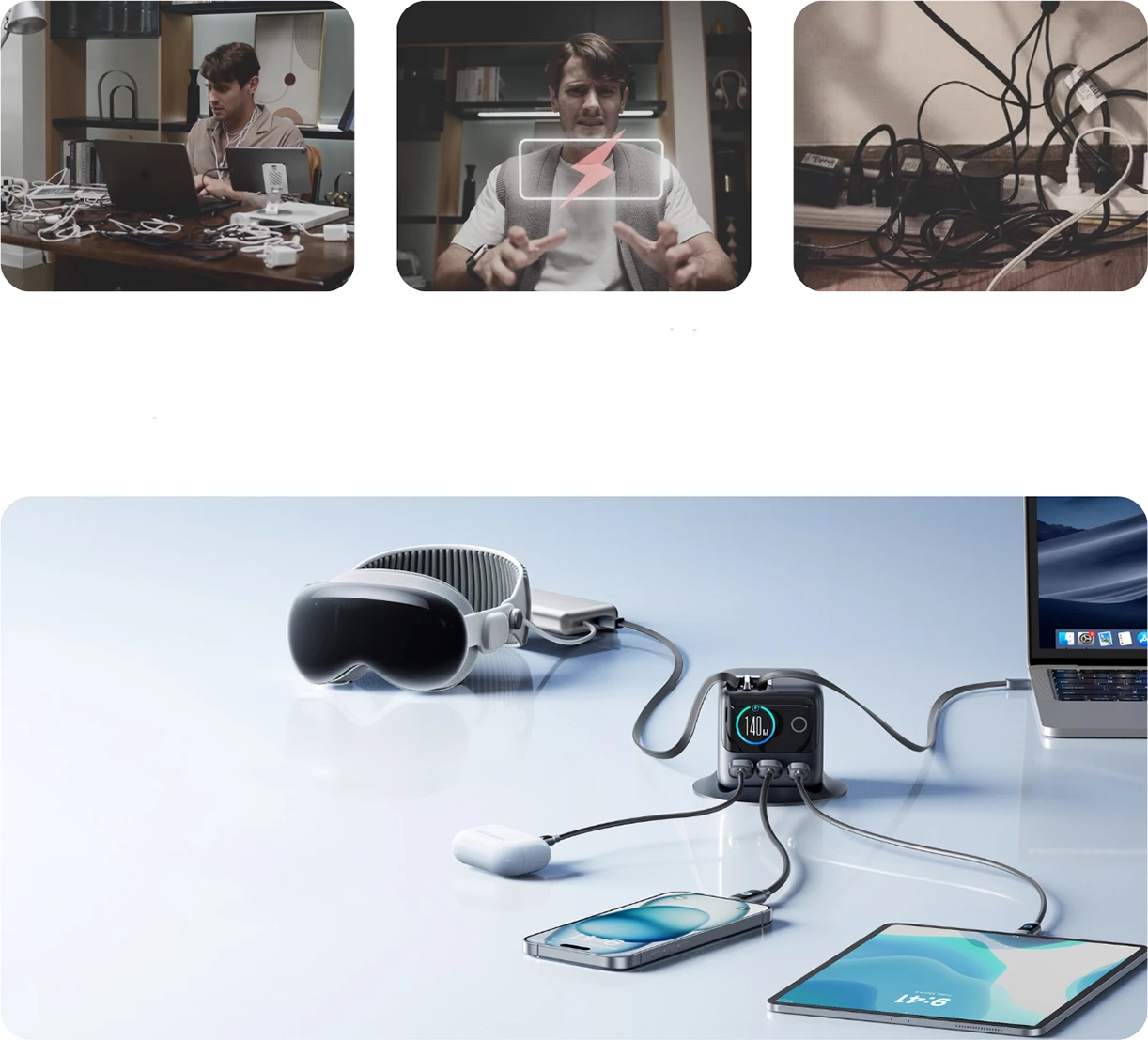Karikues tavoline GaN, Joyroom Podix JR-TRD01, 140W, 5 porta me dy kabllo USB-C tërheqëse, gri