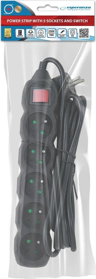 Shtrirës rryme Esperanza ELK215K, 5 porta, 3m, Zi