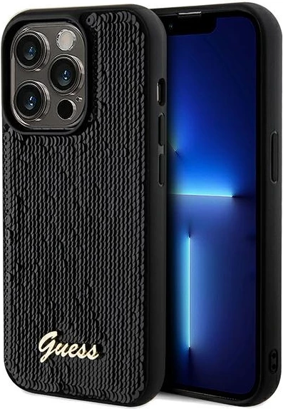 Mbështjellës Guess Sequin Script Metal për iPhone 14 Pro Max, i zi