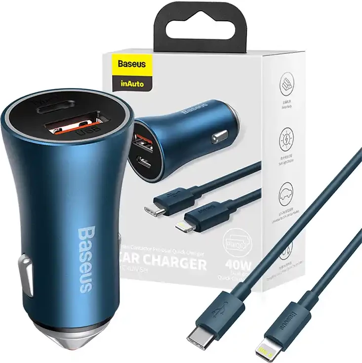 Karikues veture Baseus Golden Contactor Pro, 40W, USB + USB-C, me kabllo USB-C në Lightning 1m, Blu