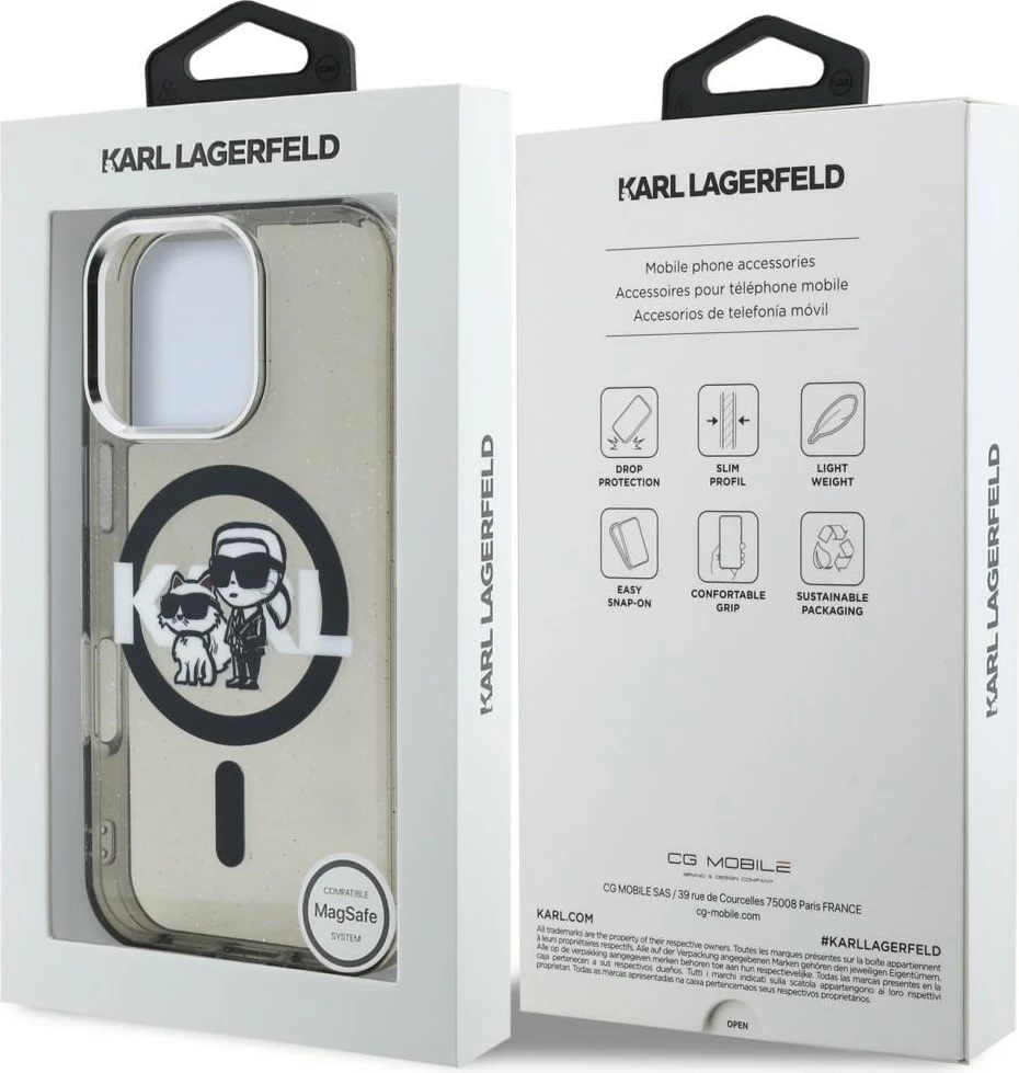 Mbështjellës MagSafe Karl Lagerfeld IML Glitter Karl & Choupette Sketch Logo për iPhone 16 Pro, i zi, në kuti
