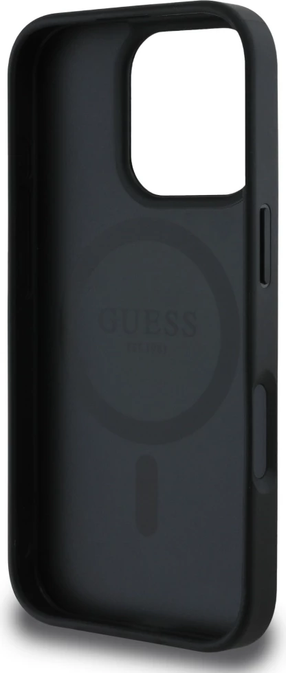 Mbështjellës Guess Grained Hot Stamp Peony Triangle Logo MagSafe për iPhone 16 Pro, Zi